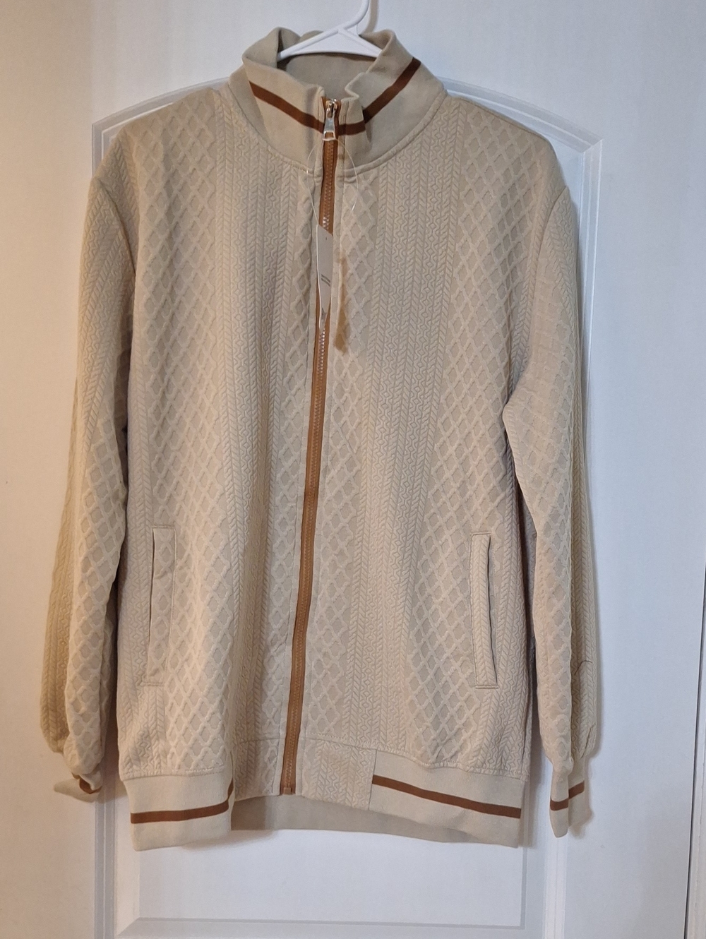 Beige Quilted Bomber Jacket with Contrast Trim